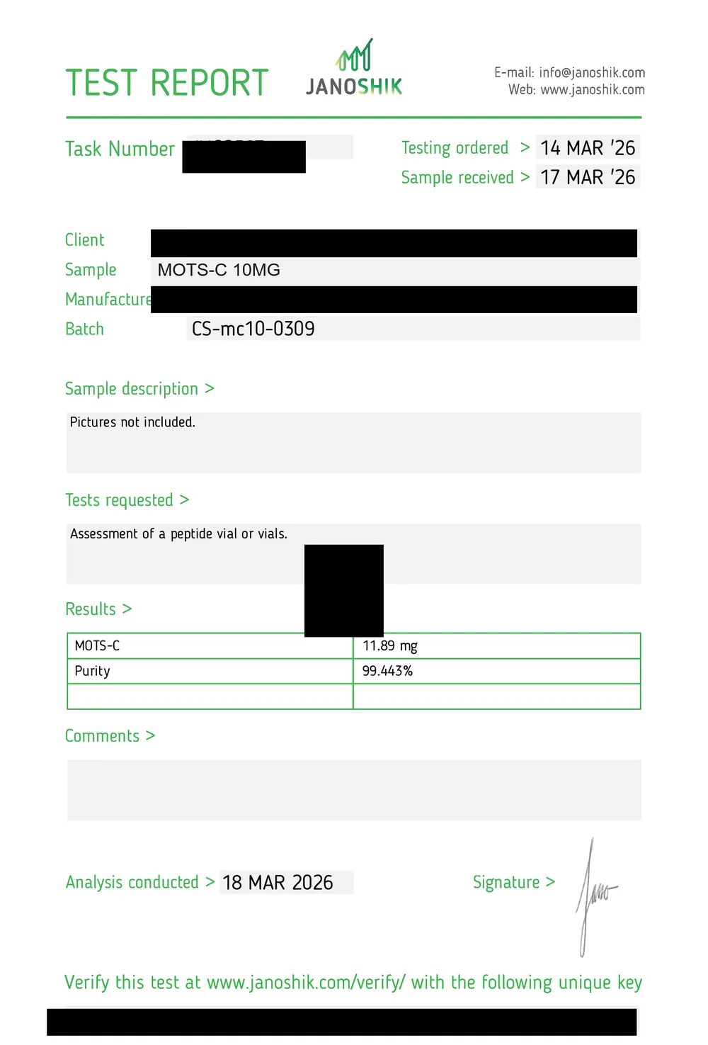 Janoshik Certificate of Analysis for TXLABS MOTS-c, batch CS-mc10-0309, 99.443% HPLC purity