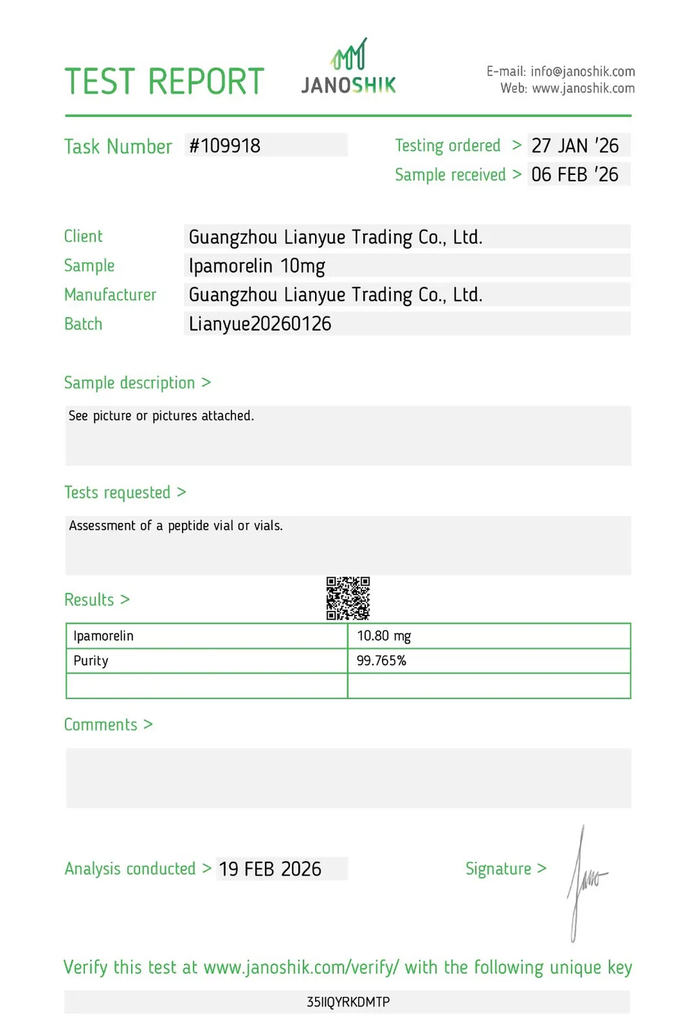 Janoshik Certificate of Analysis for TXLABS Ipamorelin, batch Lianyue20260126, 99.765% HPLC purity