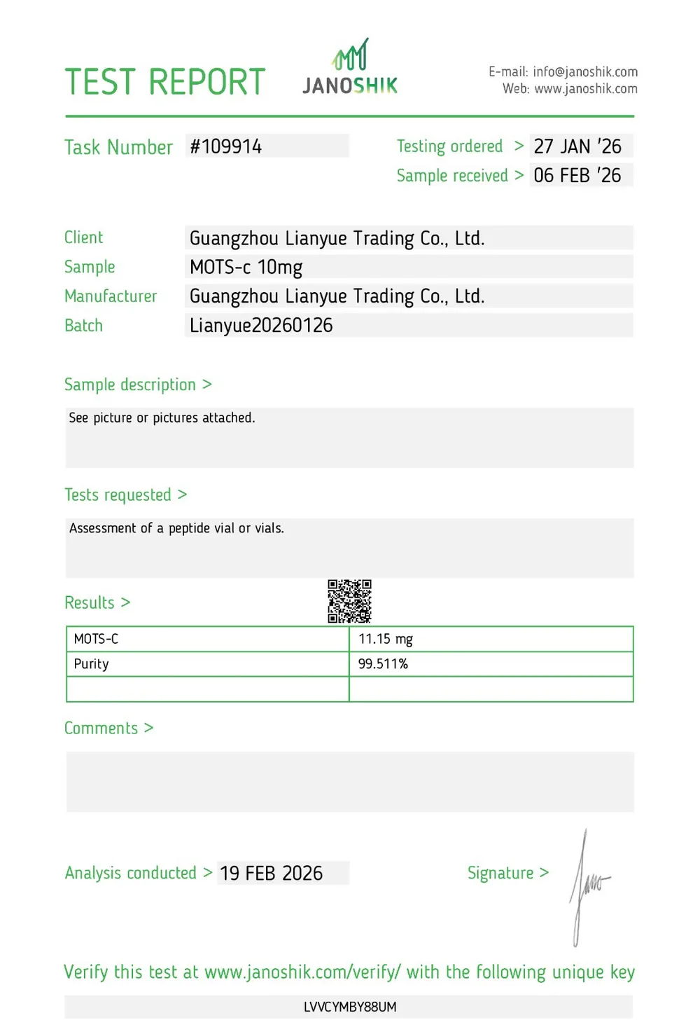 Janoshik Certificate of Analysis for TXLABS MOTS-c, batch Lianyue20260126, 99.511% HPLC purity