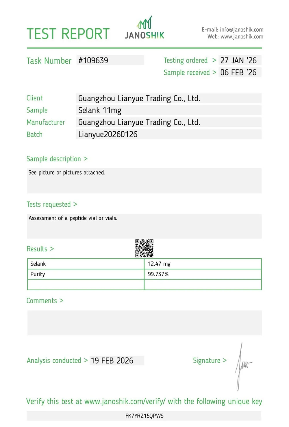 Janoshik Certificate of Analysis for TXLABS Selank, batch Lianyue20260126, 99.737% HPLC purity